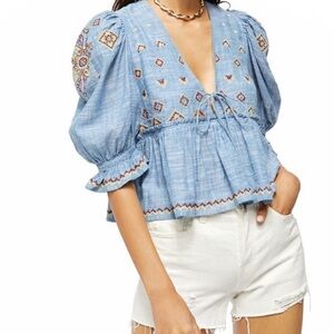 Free People Blue Tallulah Embroidered Blouse